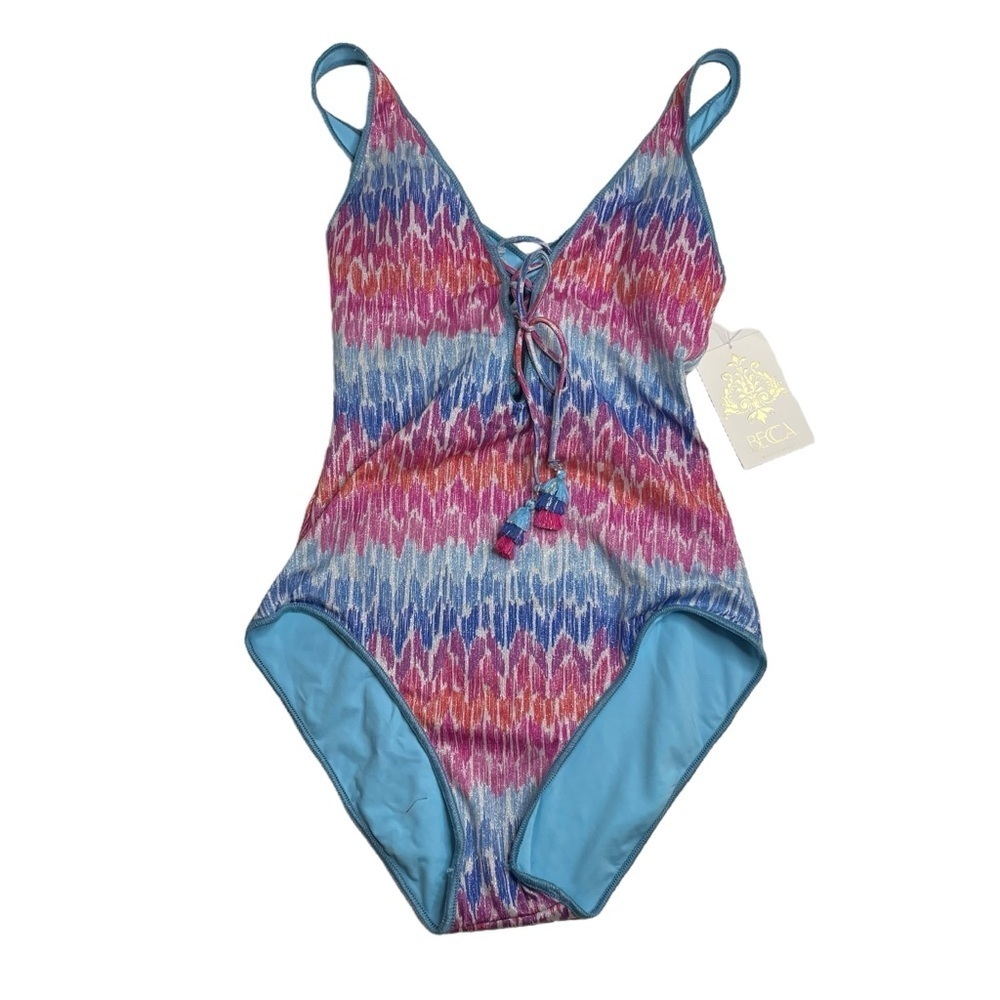 BECCA Joshua Tree Corset One Piece Swimsuit Blue Pink Lace Up Front Small New